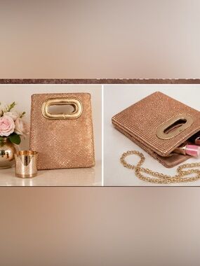 La Regale Rose Gold Rhinestone Evening Bag Cutout Handle Clutch Purse 7” x 8”